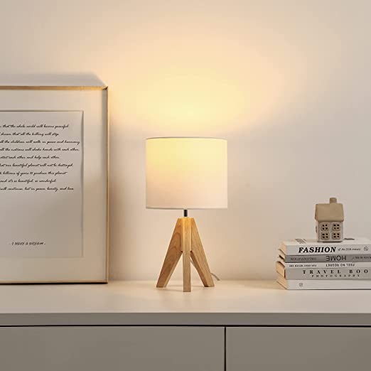 DEWENWILS Bedside Table Lamp, Wooden Tripod Bedside Table Lamp with Linen Fabric Shade