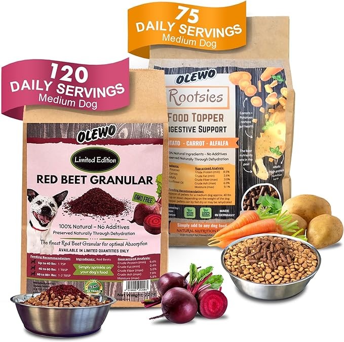 Olewo Bundle Rootsies and Red Beet Granular Dog Food Toppers - Sensitive Stomach Dog Food, Natural Anti Itch for Dogs, Skin & Coat Support, Gut Health for Dogs, Fiber for Dogs - 2.2 lbs + 22 oz