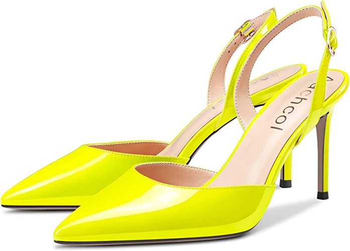 Aachcol Women Stiletto Mid High Heel Pumps Backstrap Ankle Strap Slingback Pointed Toe Dress Shoes Office Party Wedding Patent 3 Inch